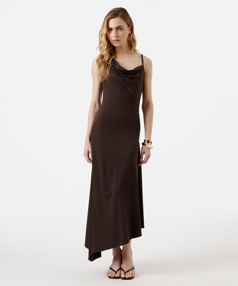 vestido midi feminino decote degagê assimétrico marrom
