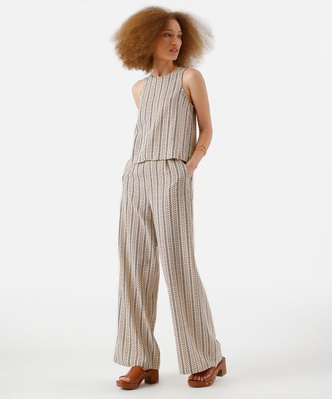 calça feminina wide leg viscolinho estampado bege