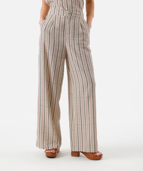 calça feminina wide leg viscolinho estampado bege