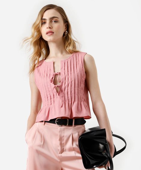 blusa feminina com linho e pregas rosa