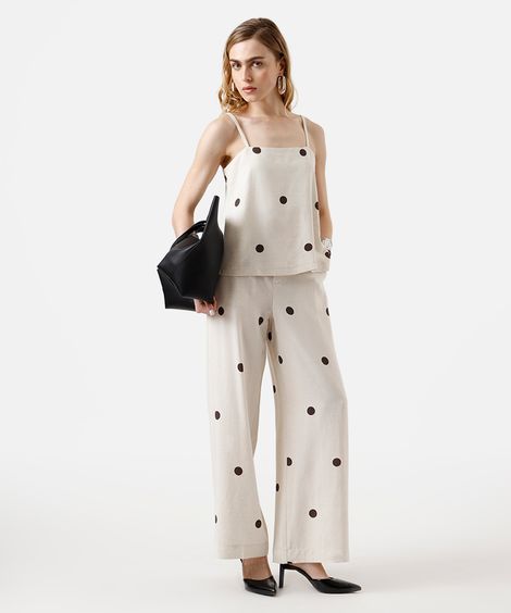 calça wide leg feminina com linho poá - areia