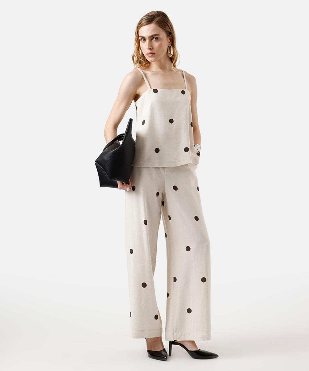 calça wide leg feminina com linho poá - areia