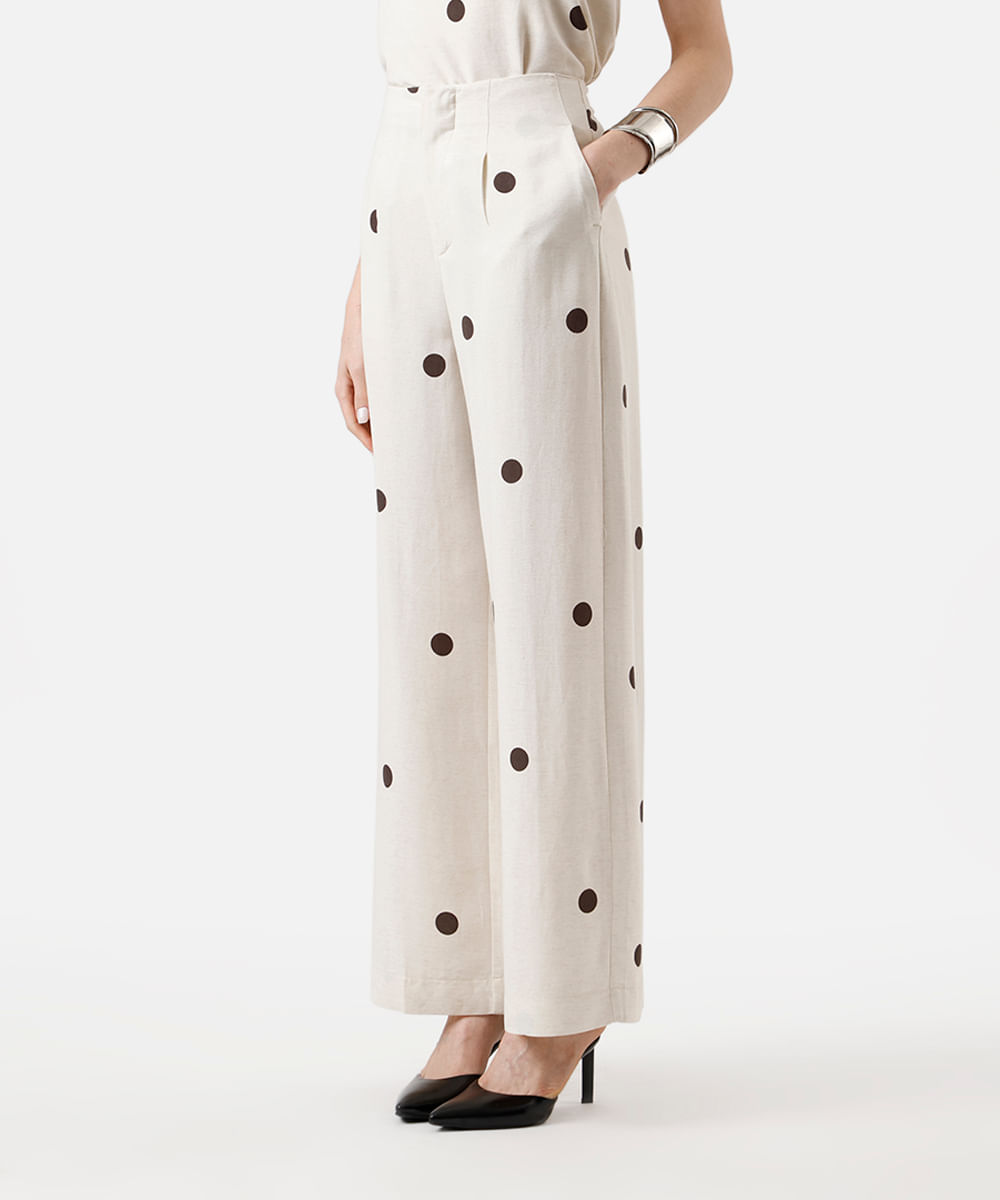 Calça wide leg feminina com linho poá