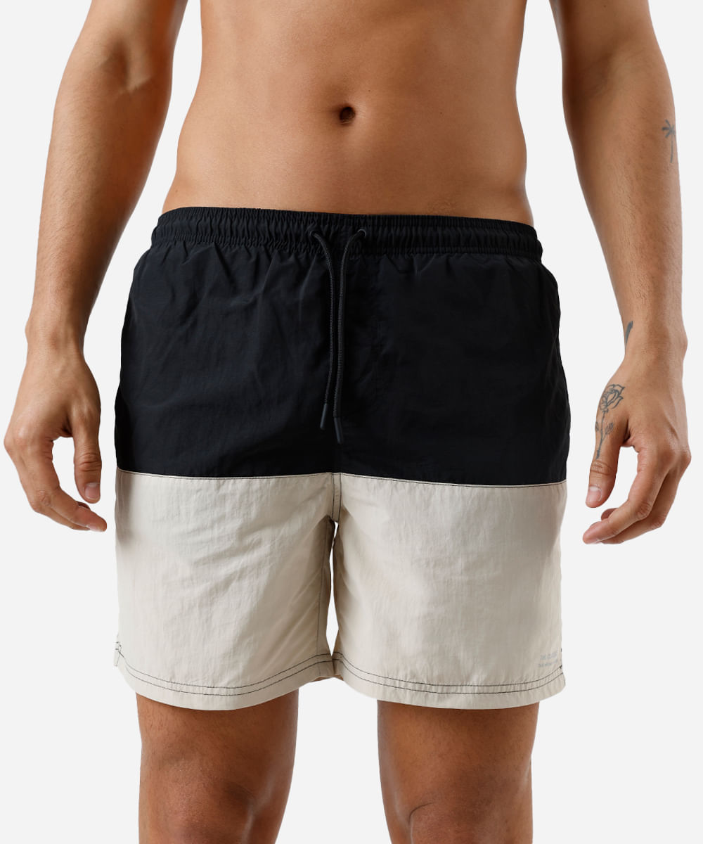 short masculino de poliamida com recorte bicolor bege