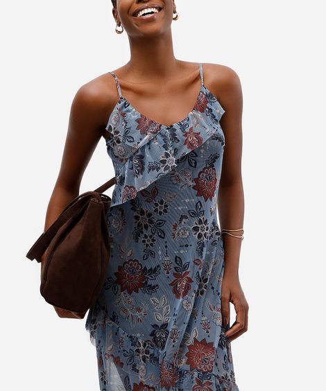 vestido midi feminino de tule alça fina com babados floral azul