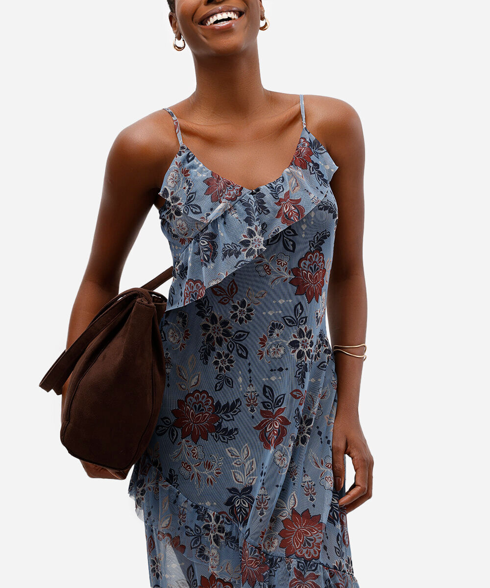 vestido midi feminino de tule alça fina com babados floral azul