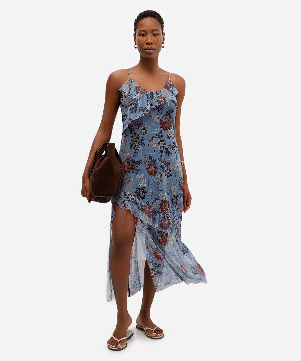 vestido midi feminino de tule alça fina com babados floral azul