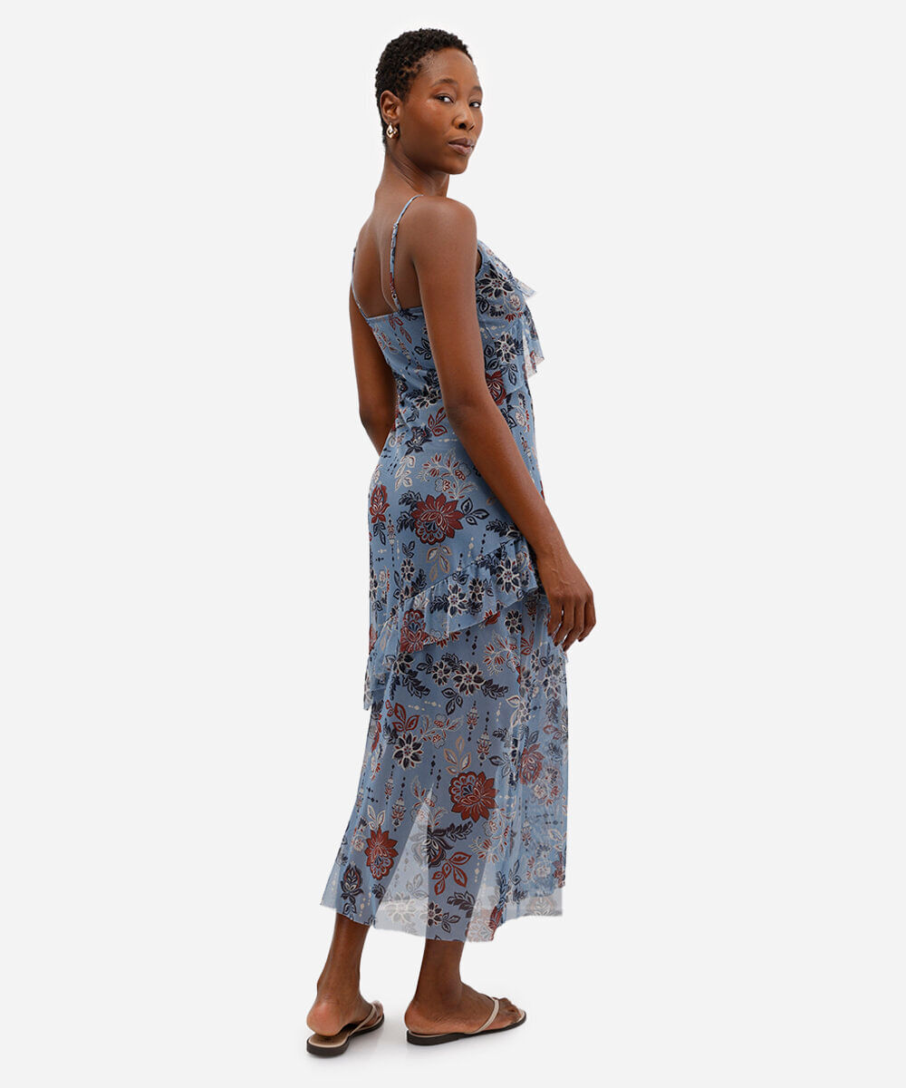 vestido midi feminino de tule alça fina com babados floral azul