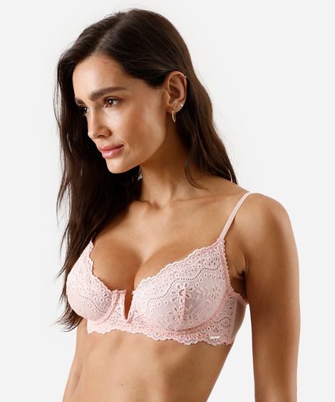 sutiã meia taça de laise floral rosa