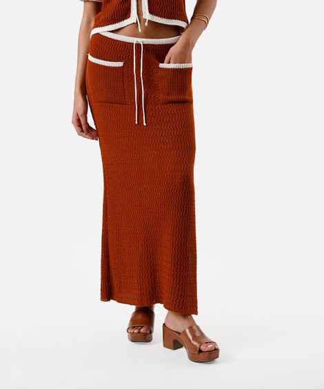 saia midi feminina de tricot com bolsos - caramelo