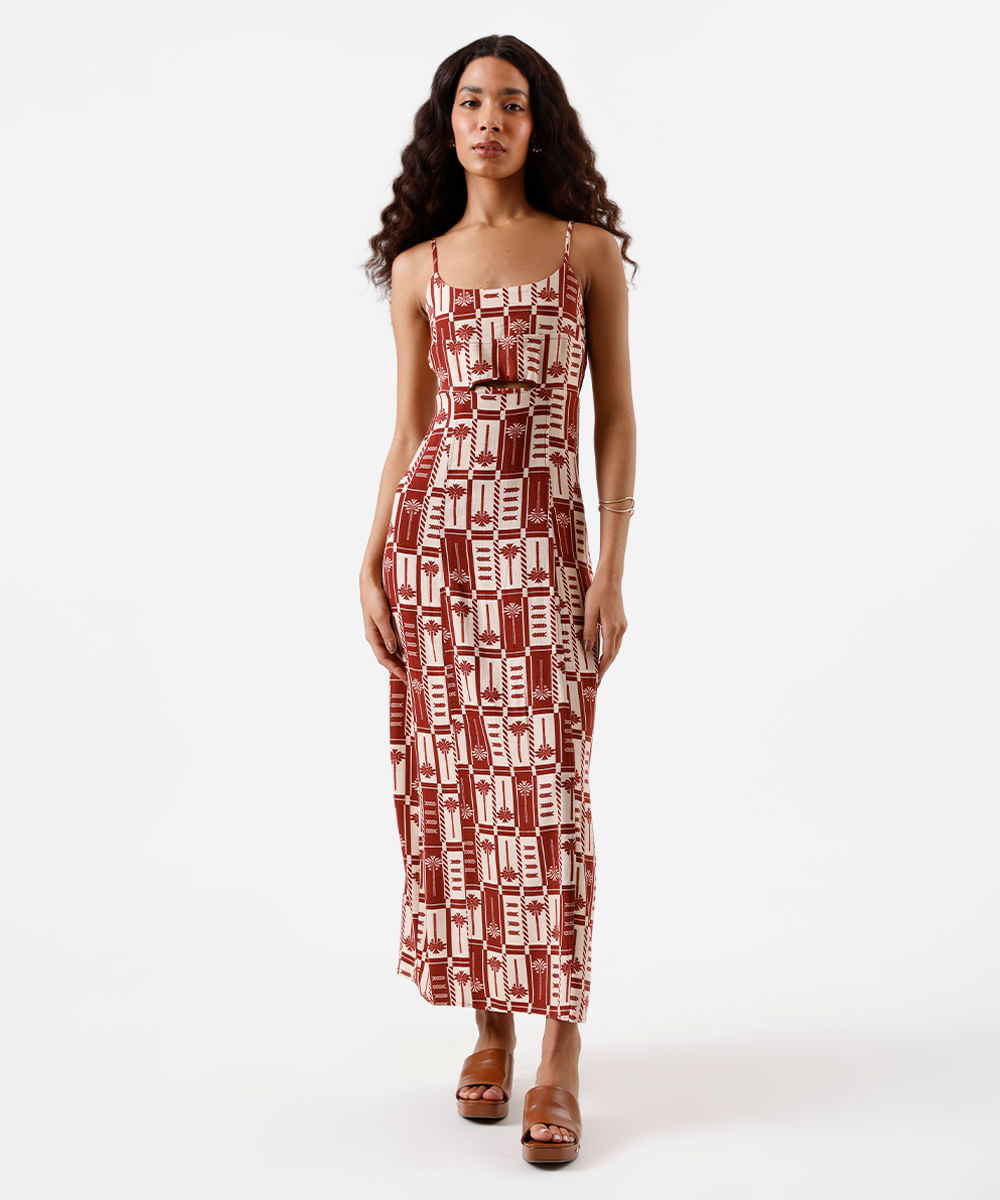 vestido midi feminino alça fina com linho e recorte estampado vinho