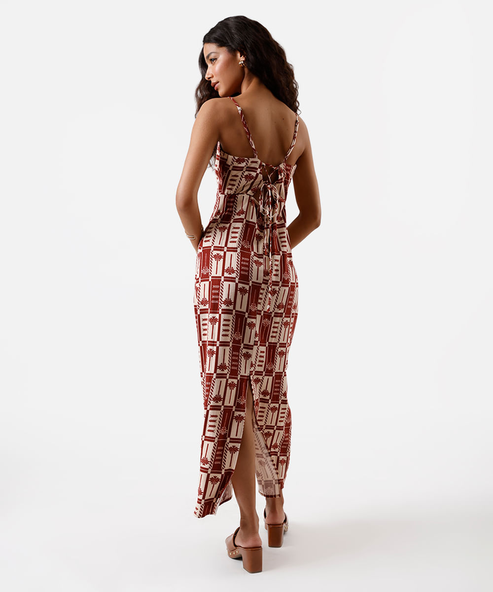 vestido midi feminino alça fina com linho e recorte estampado vinho