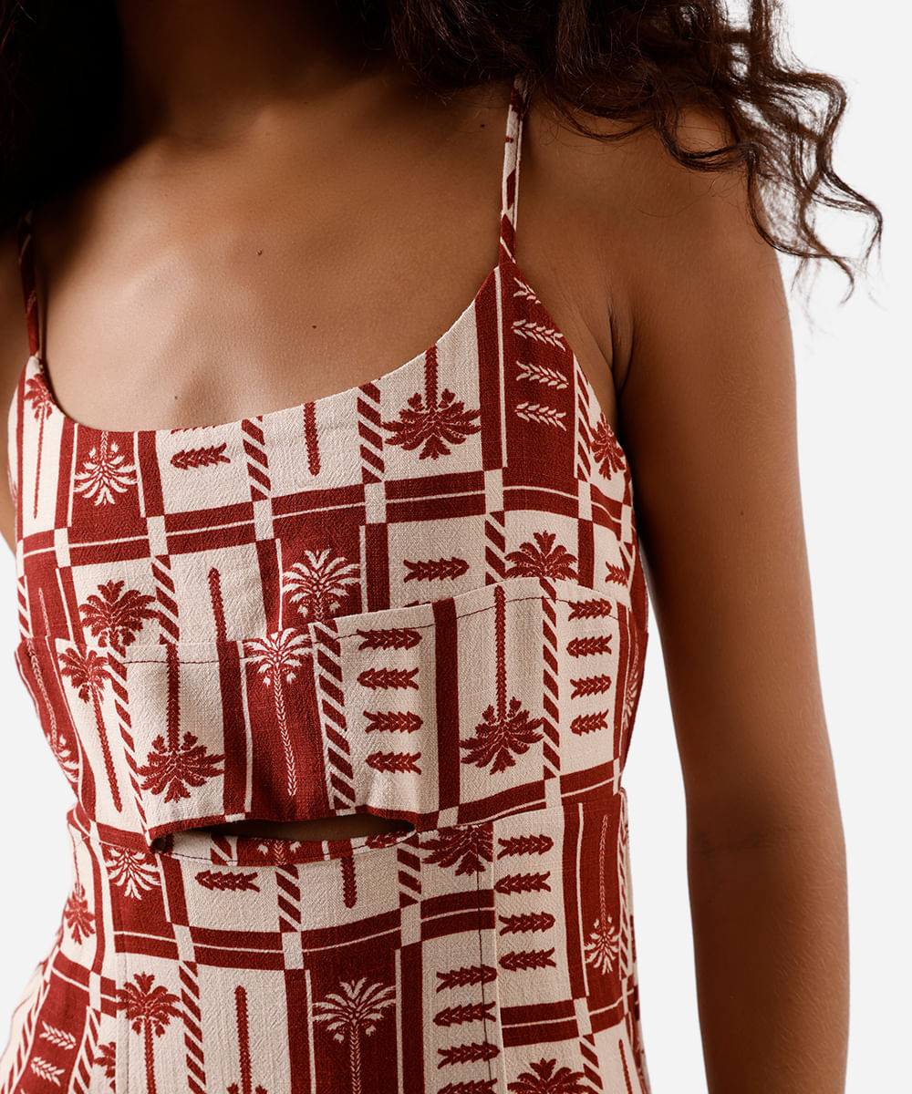 vestido midi feminino alça fina com linho e recorte estampado vinho