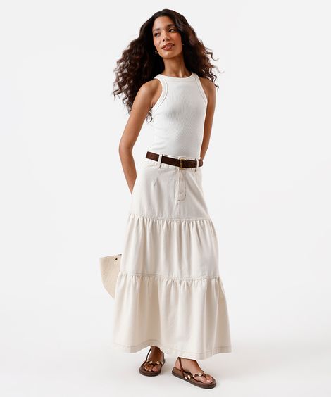 saia midi feminina de sarja com recortes e fenda bege