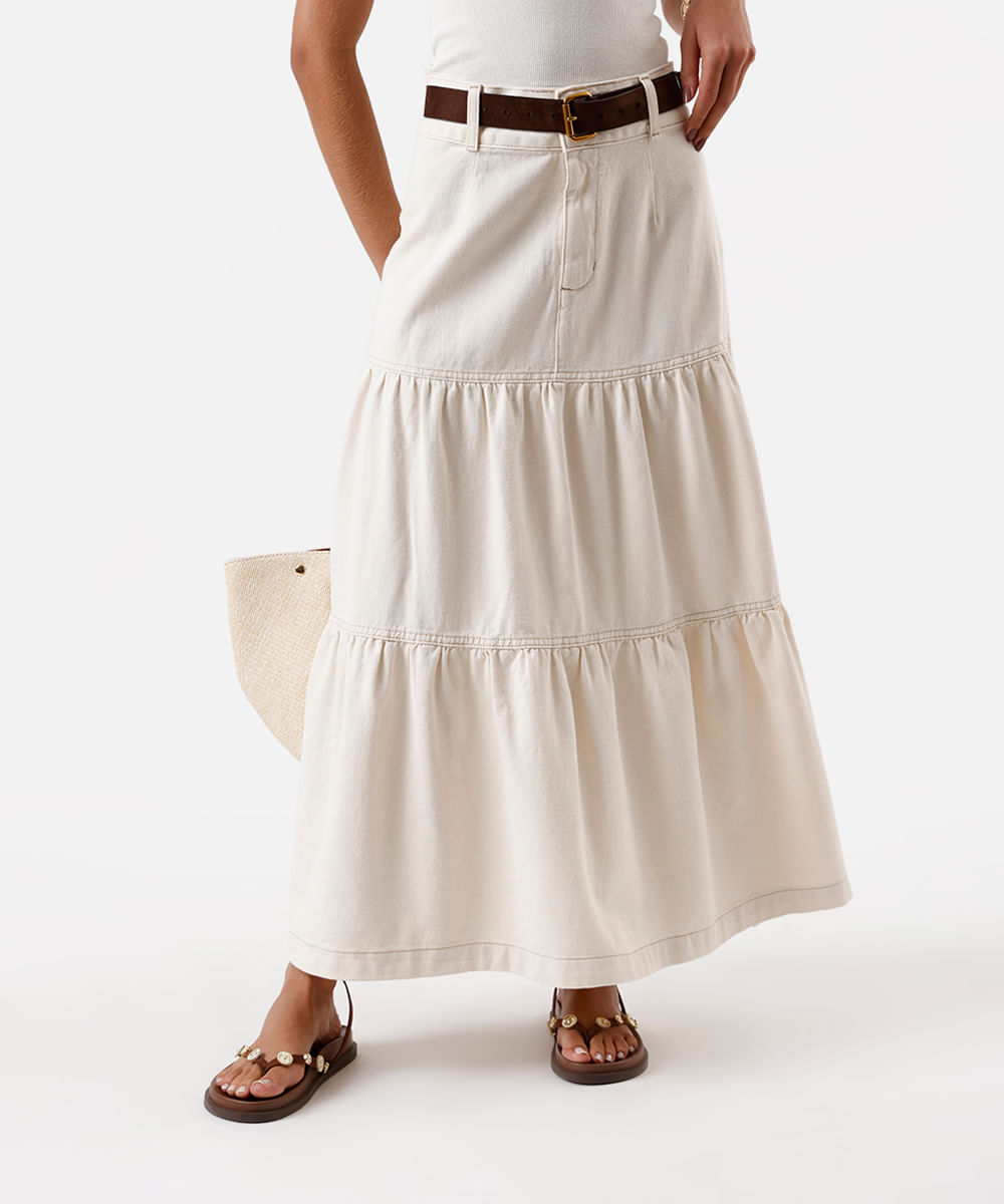 saia midi feminina de sarja com recortes e fenda bege