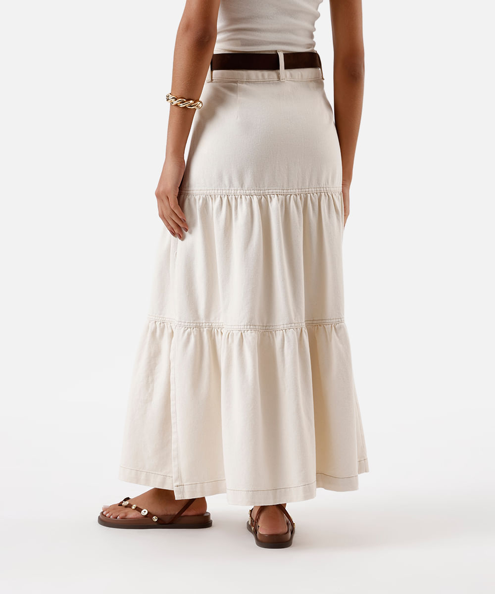 saia midi feminina de sarja com recortes e fenda bege