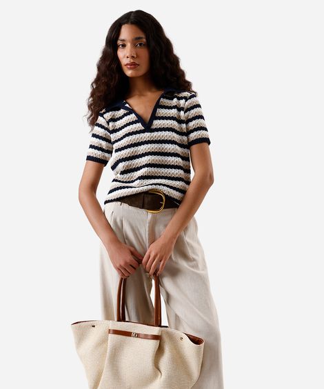 polo feminina de tricot texturizada listrada azul
