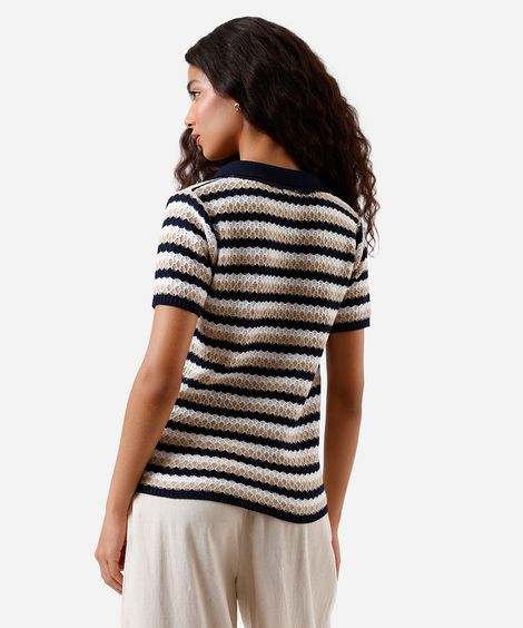 polo feminina de tricot texturizada listrada azul