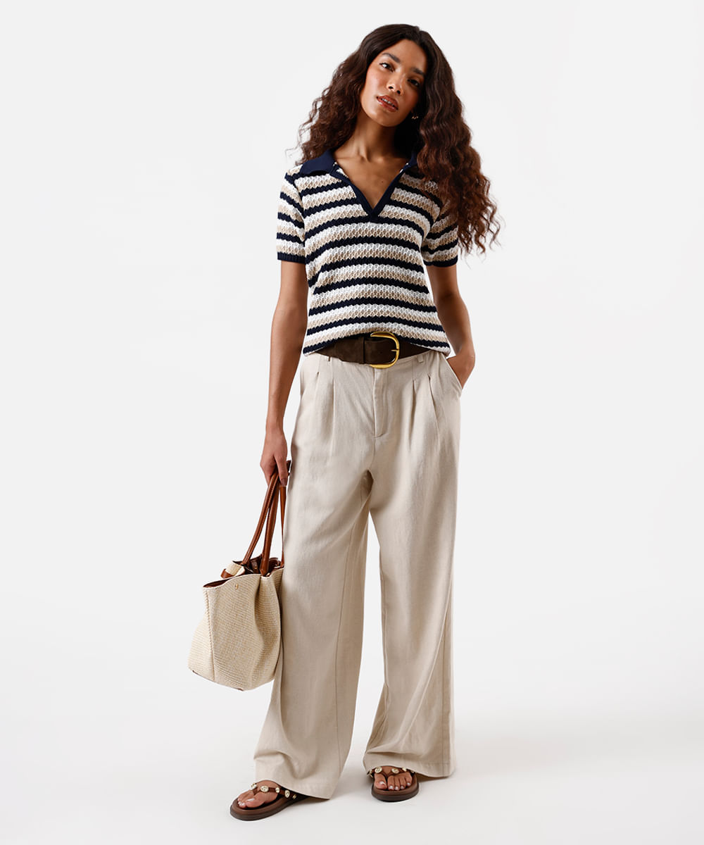 polo feminina de tricot texturizada listrada azul