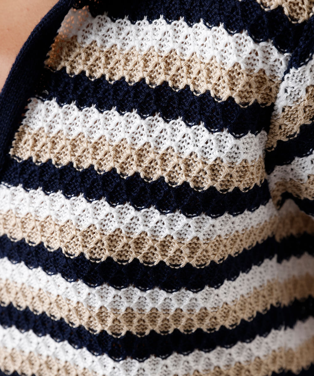 polo feminina de tricot texturizada listrada azul