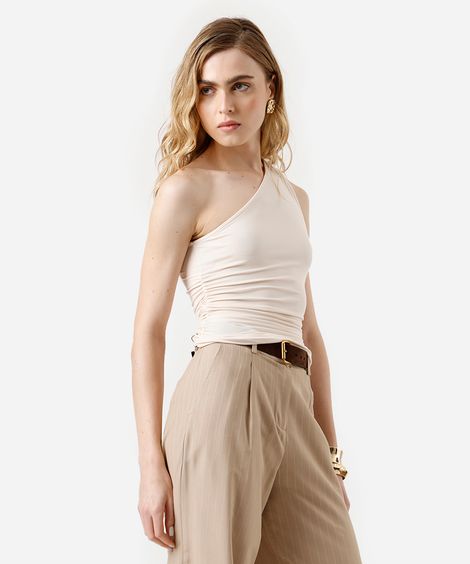 blusa ombro único feminina franzida bege