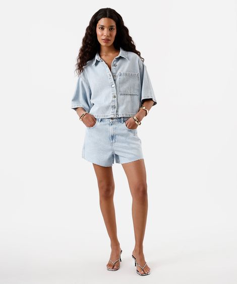 short feminino jeans cintura média barra a fio azul