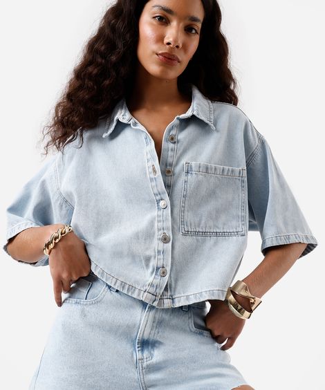 camisa feminina jeans manga curta azul