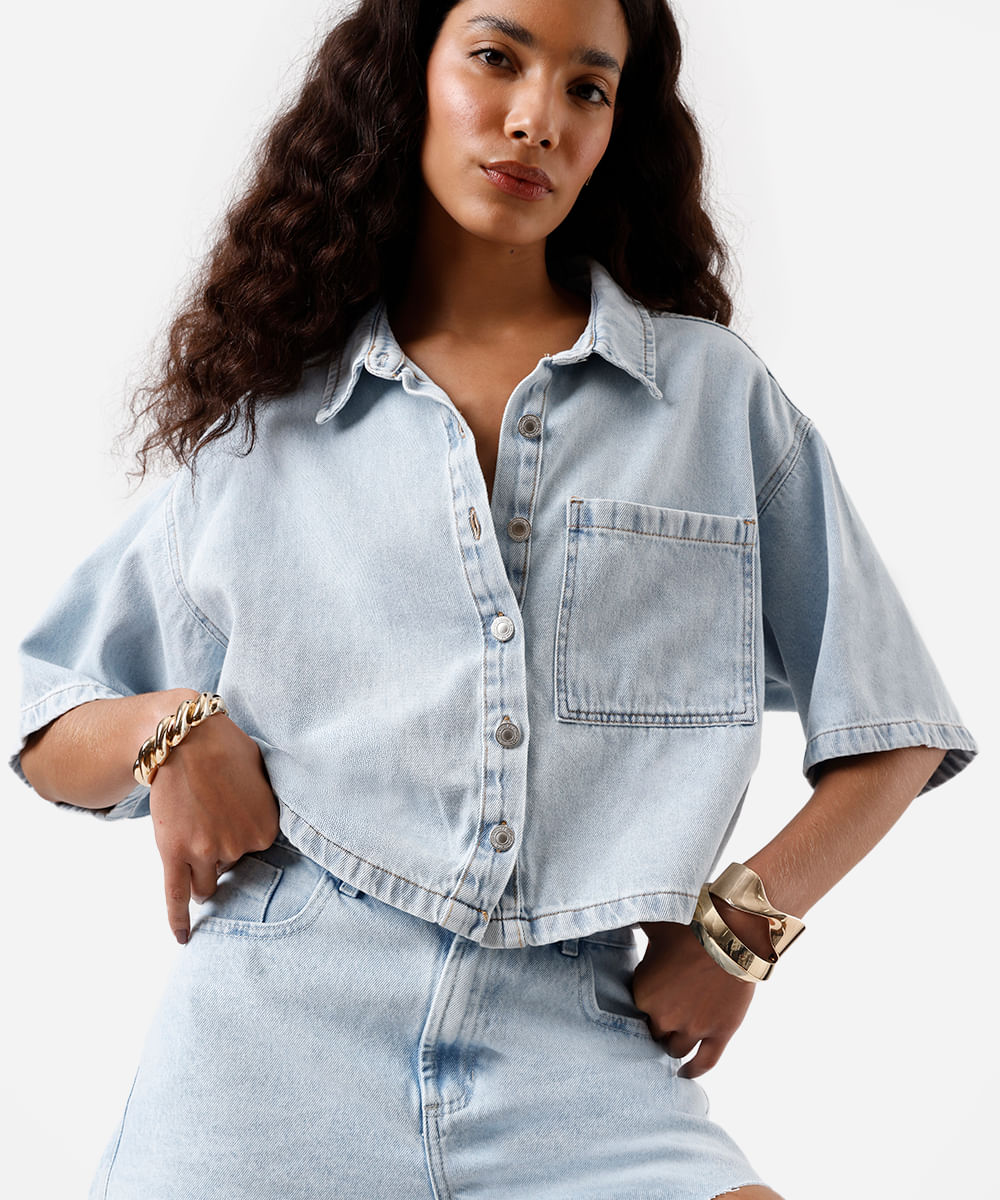 camisa feminina jeans manga curta azul