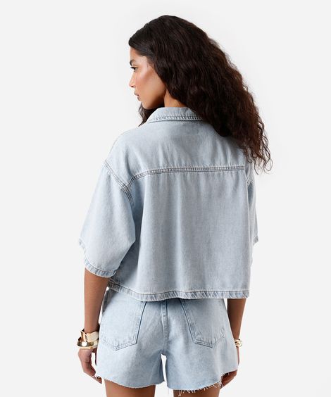 camisa feminina jeans manga curta azul