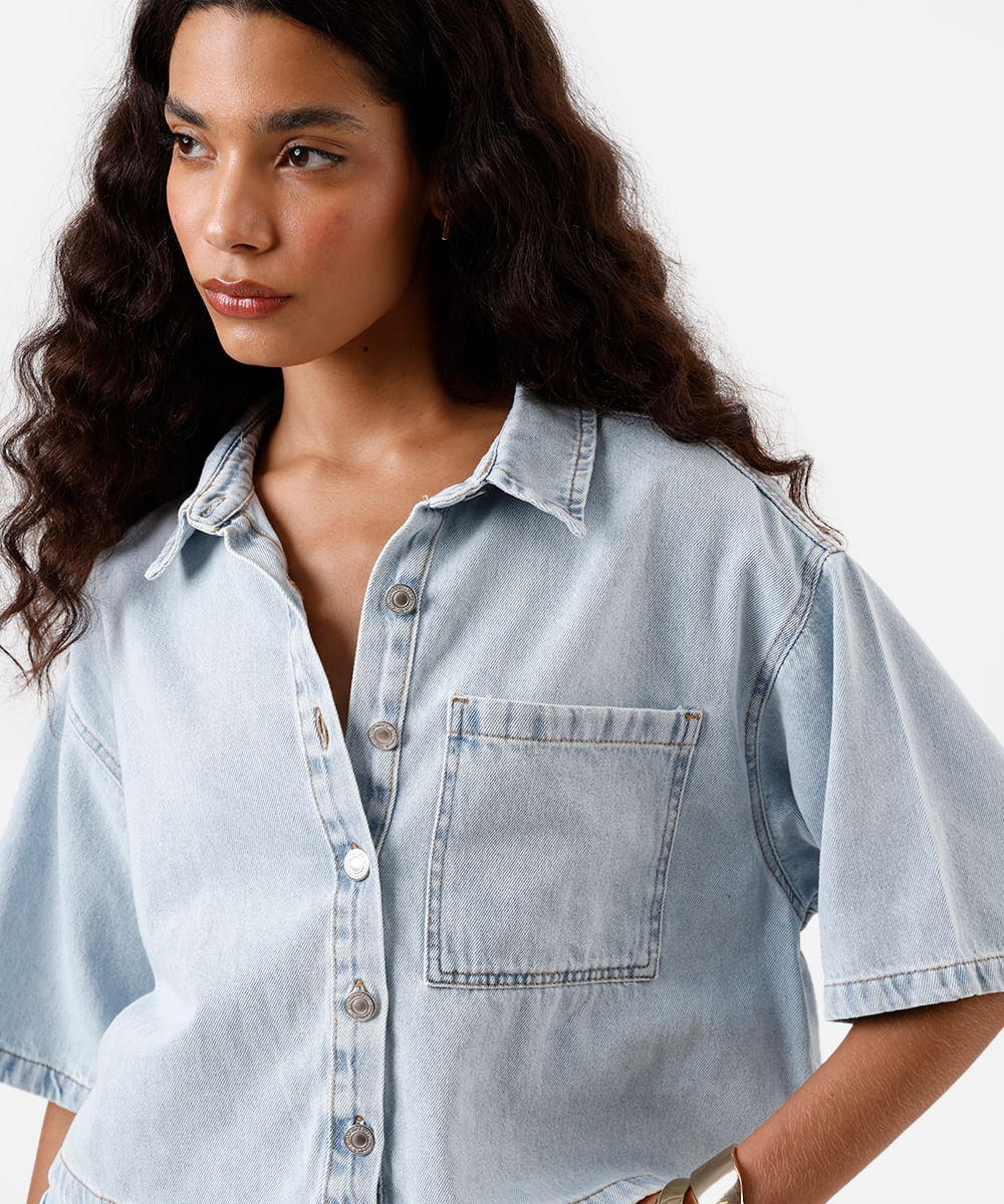 camisa feminina jeans manga curta azul