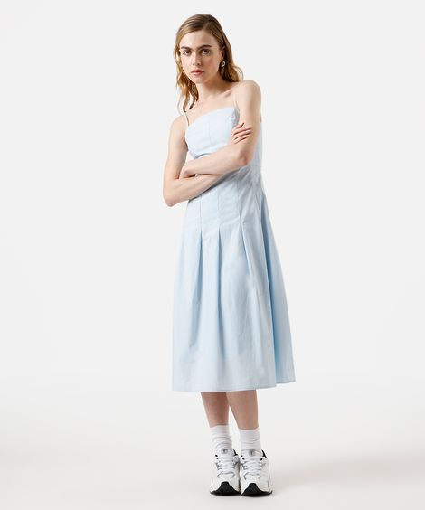vestido midi feminino de algodão alça finas com pregas azul