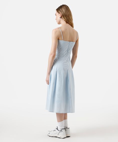 vestido midi feminino de algodão alça finas com pregas azul