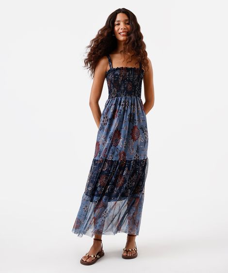 vestido midi feminino de tule com recortes franzido floral azul