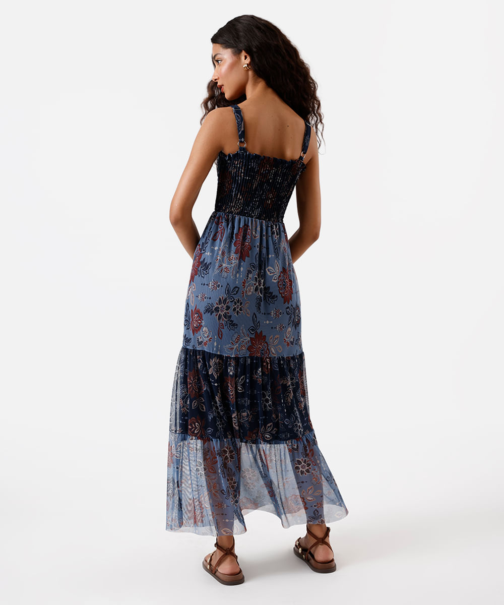 vestido midi feminino de tule com recortes franzido floral azul