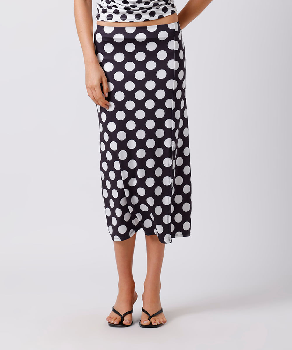 saia midi feminina com fenda poá mindset preta