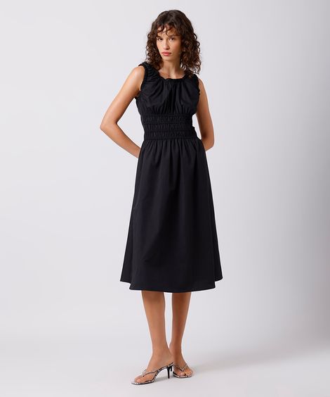 vestido midi feminino franzidos mindset preto