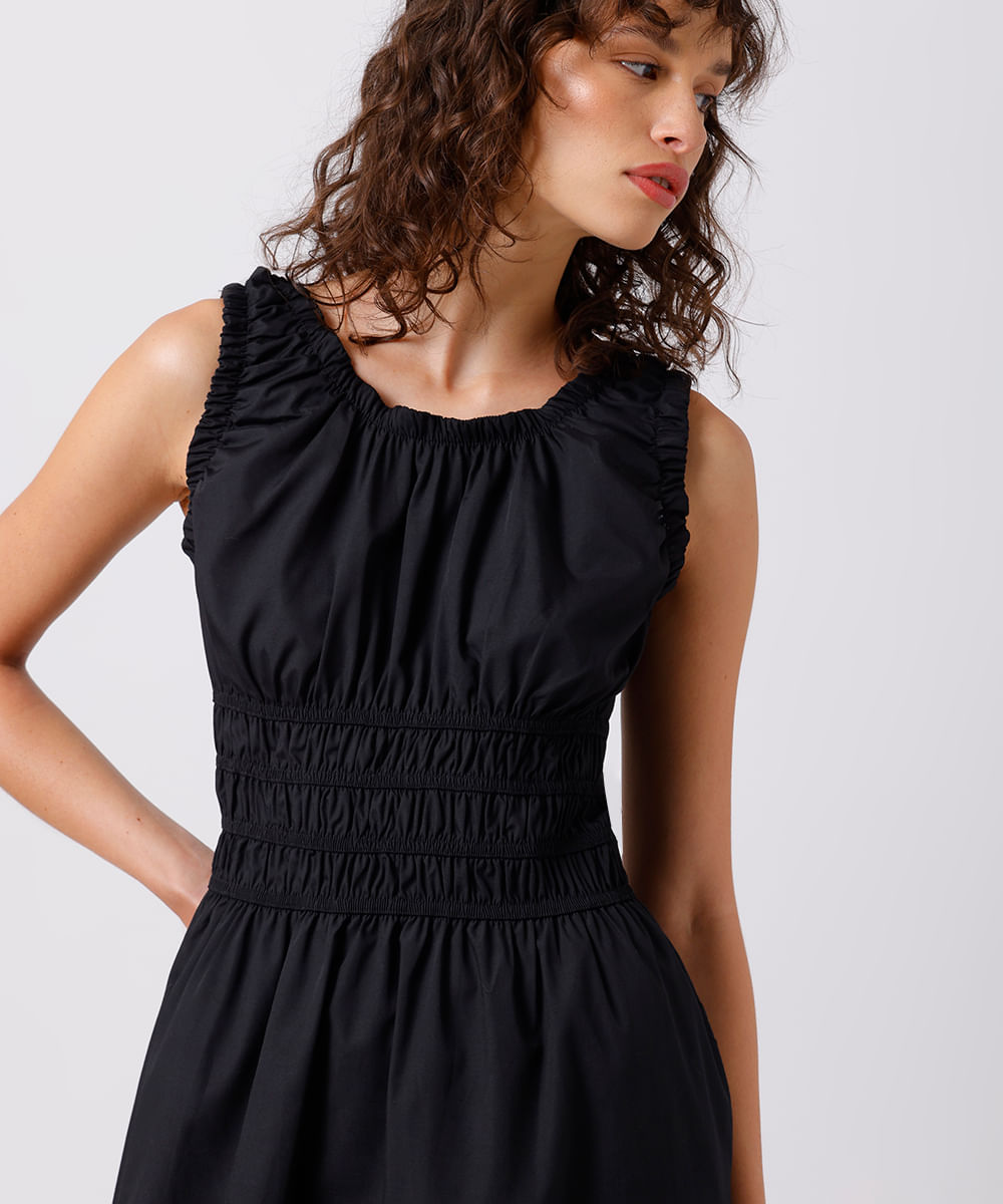 vestido midi feminino franzidos mindset preto