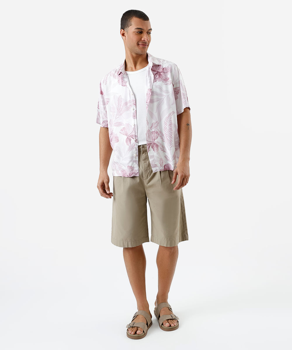 camisa masculina de viscose manga curta floral rosa