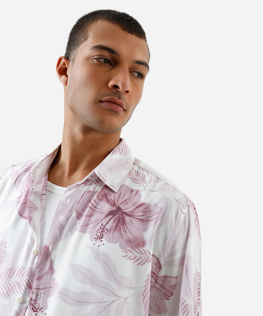 camisa masculina de viscose manga curta floral rosa