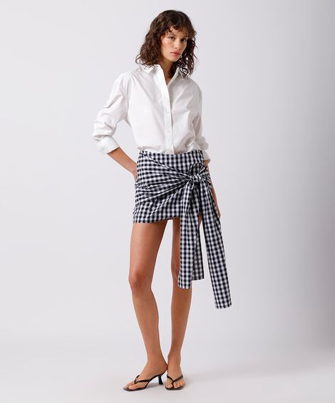 saia curta feminina de algodão xadrez com amarração mindset preta