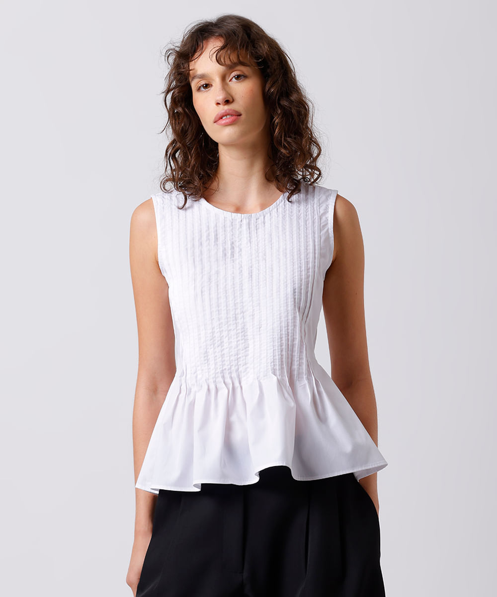blusa feminina decote redondo com pregas mindset branca