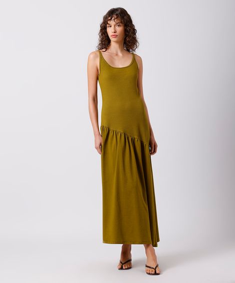 vestido longo feminino assimétrico canelado mindset verde