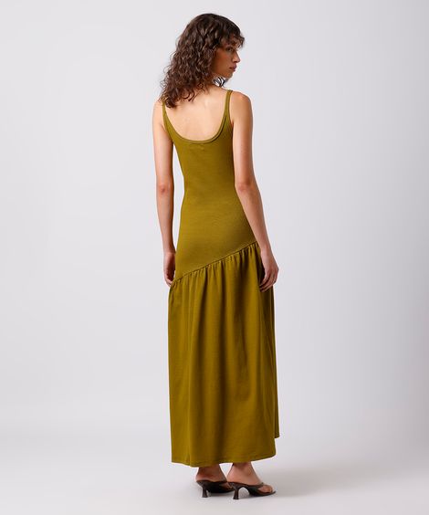 vestido longo feminino assimétrico canelado mindset verde