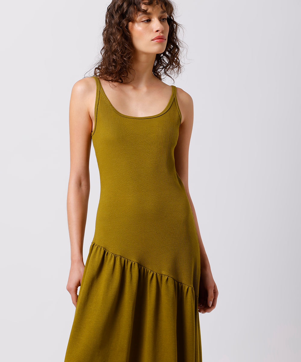vestido longo feminino assimétrico canelado mindset verde