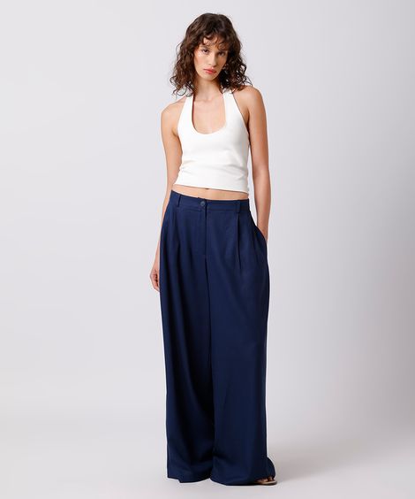 calça wide leg feminina de alfaiataria com pregas e linho mindset azul