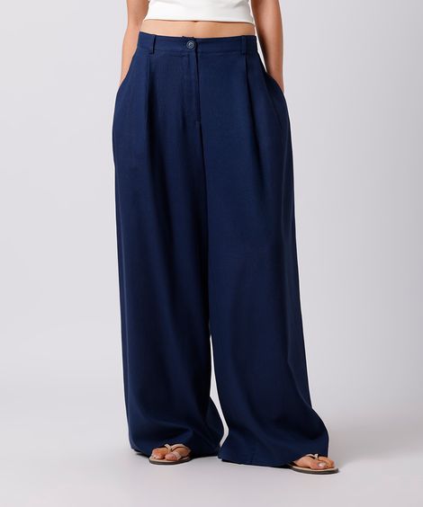 calça wide leg feminina de alfaiataria com pregas e linho mindset azul