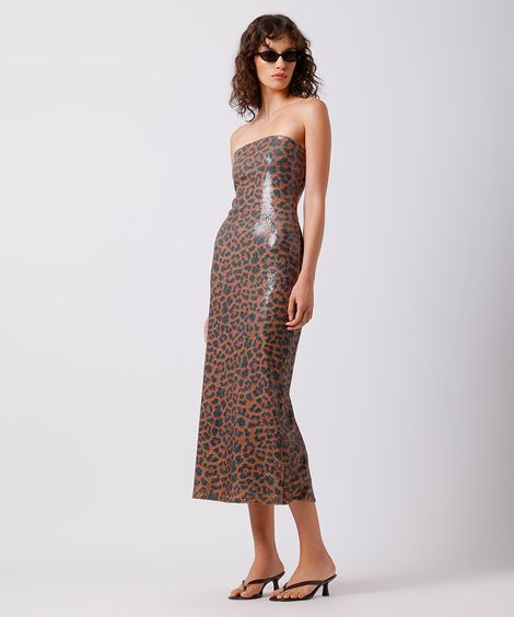 vestido midi feminino sem alça paetê animal print mindset colorido