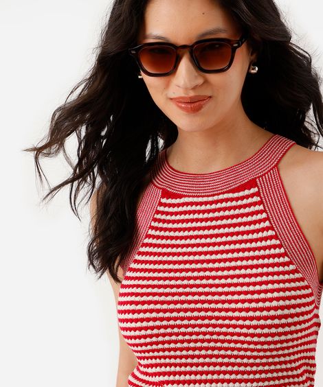 blusa halterneck feminina de tricot listrada texturizada rosa