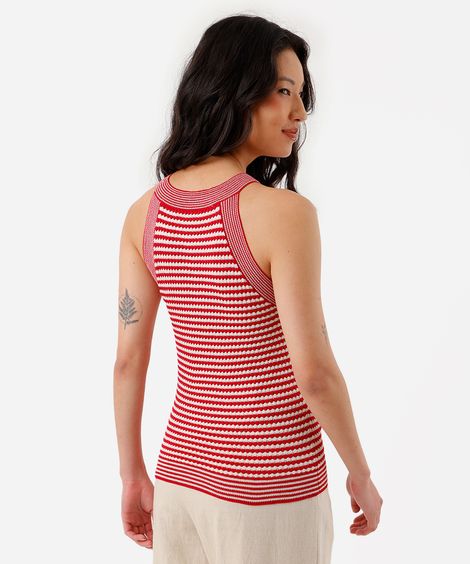 blusa halterneck feminina de tricot listrada texturizada rosa