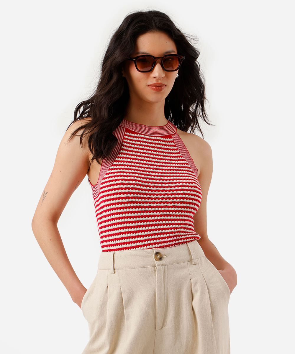 blusa halterneck feminina de tricot listrada texturizada rosa